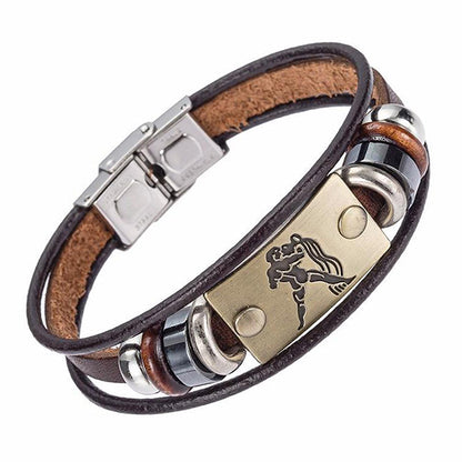 Zodiac Leather and Stainless Steel Clasp Bracelet  for Men and Women -CHOOSE YOUR SIGN