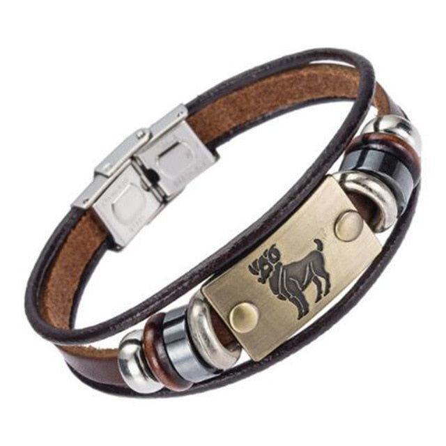 Zodiac Leather and Stainless Steel Clasp Bracelet  for Men and Women -CHOOSE YOUR SIGN