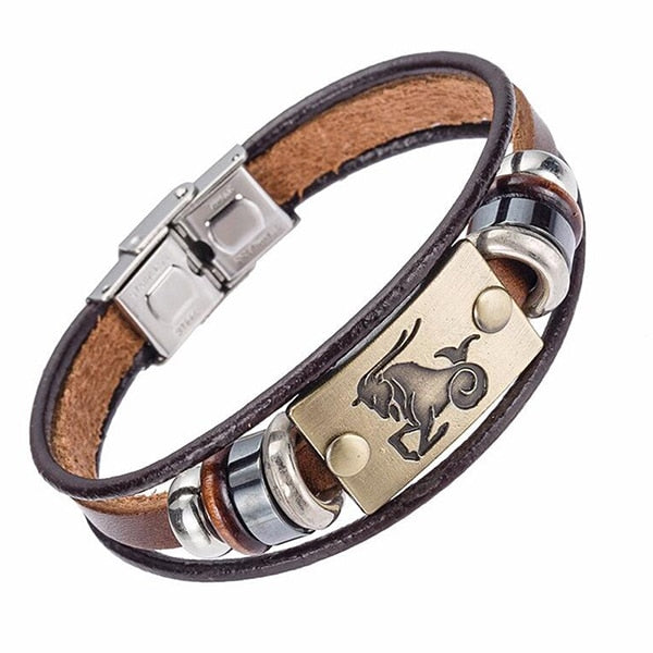 Zodiac Leather and Stainless Steel Clasp Bracelet  for Men and Women -CHOOSE YOUR SIGN