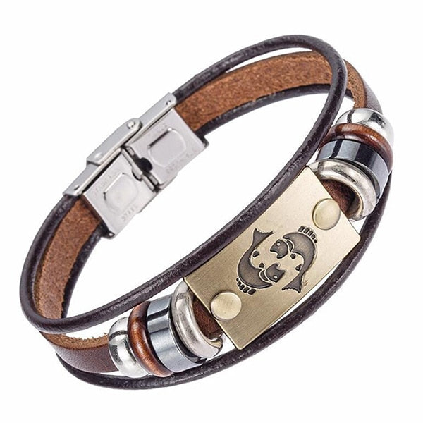 Zodiac Leather and Stainless Steel Clasp Bracelet  for Men and Women -CHOOSE YOUR SIGN