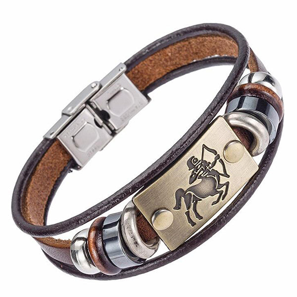 Zodiac Leather and Stainless Steel Clasp Bracelet  for Men and Women -CHOOSE YOUR SIGN