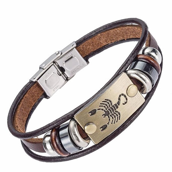 Zodiac Leather and Stainless Steel Clasp Bracelet  for Men and Women -CHOOSE YOUR SIGN