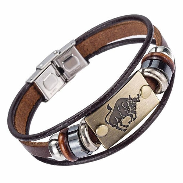 Zodiac Leather and Stainless Steel Clasp Bracelet  for Men and Women -CHOOSE YOUR SIGN