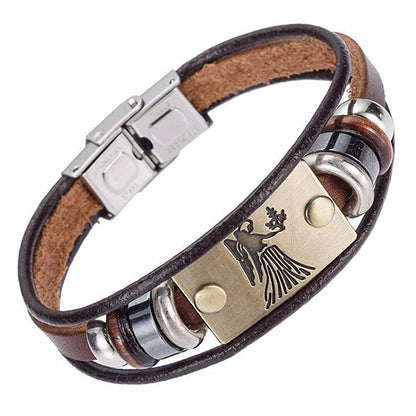 Zodiac Leather and Stainless Steel Clasp Bracelet  for Men and Women -CHOOSE YOUR SIGN