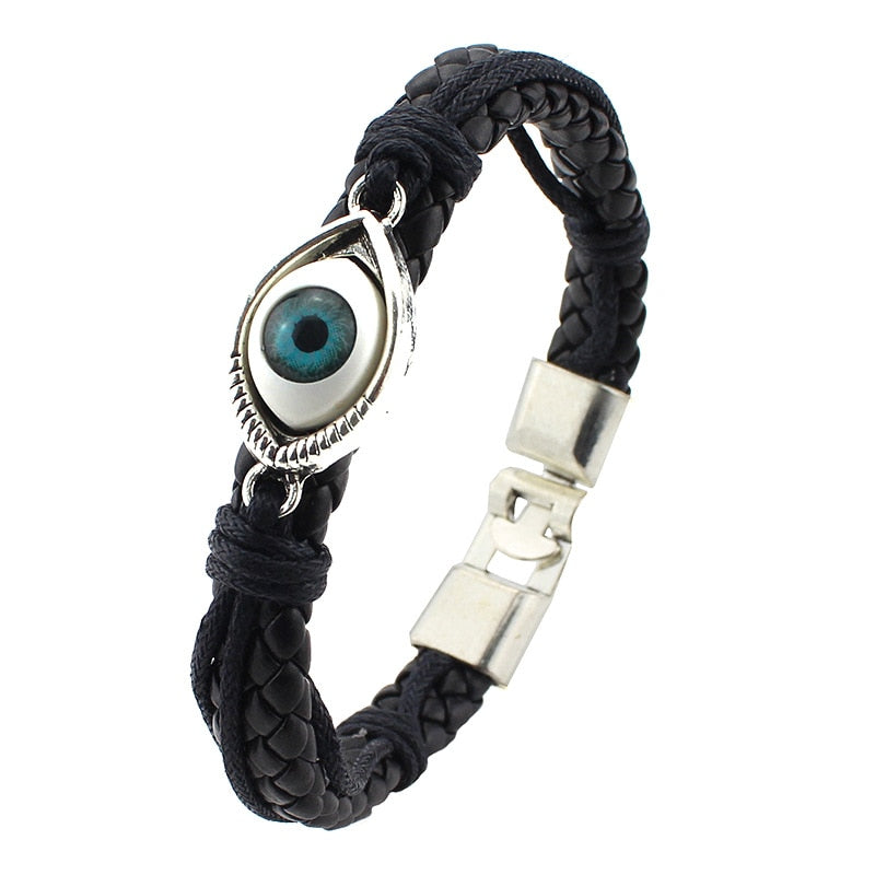 Beautiful Vintage Evil Eye Charm Bracelet-  Black Leather Weave Design- Secure Clasp