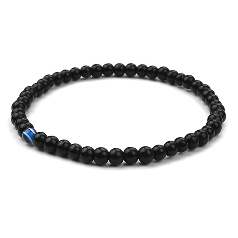 Black Beaded Blue Evil Eye Stretch Bracelet for Men and Women - Brings Good Karma, Positive Energies