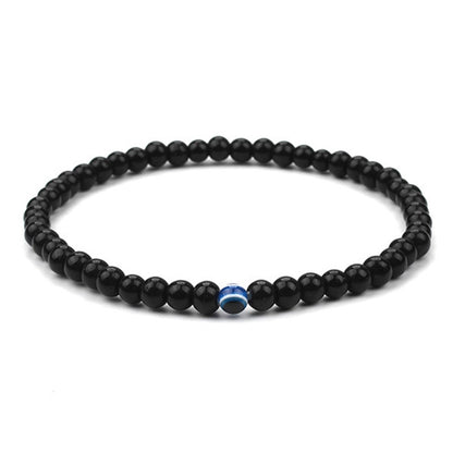 Black Beaded Blue Evil Eye Stretch Bracelet for Men and Women - Brings Good Karma, Positive Energies