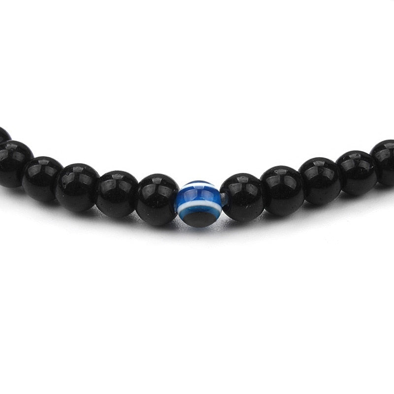 Black Beaded Blue Evil Eye Stretch Bracelet for Men and Women - Brings Good Karma, Positive Energies